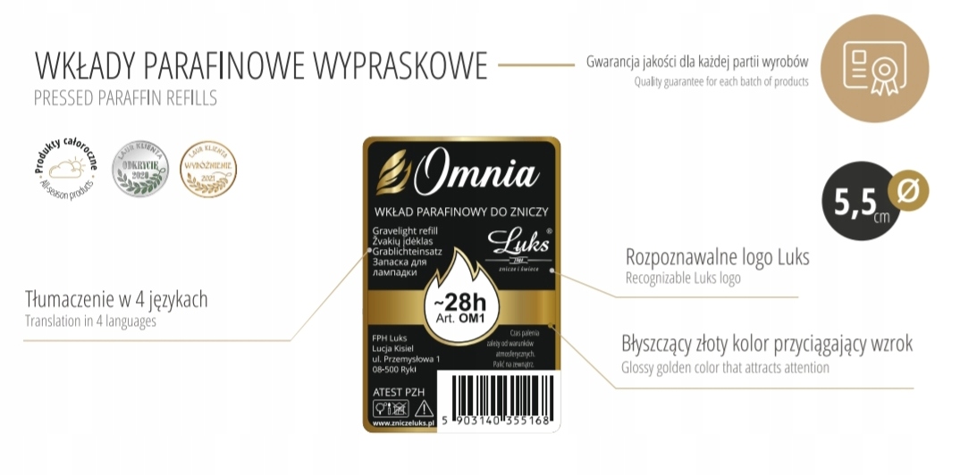 Wkład do znicza parafinowy 20 cm OM6, LUKS czas palenia 90 h Wkład do znicza parafinowy 20 cm OM6, LUKS czas palenia 90 h