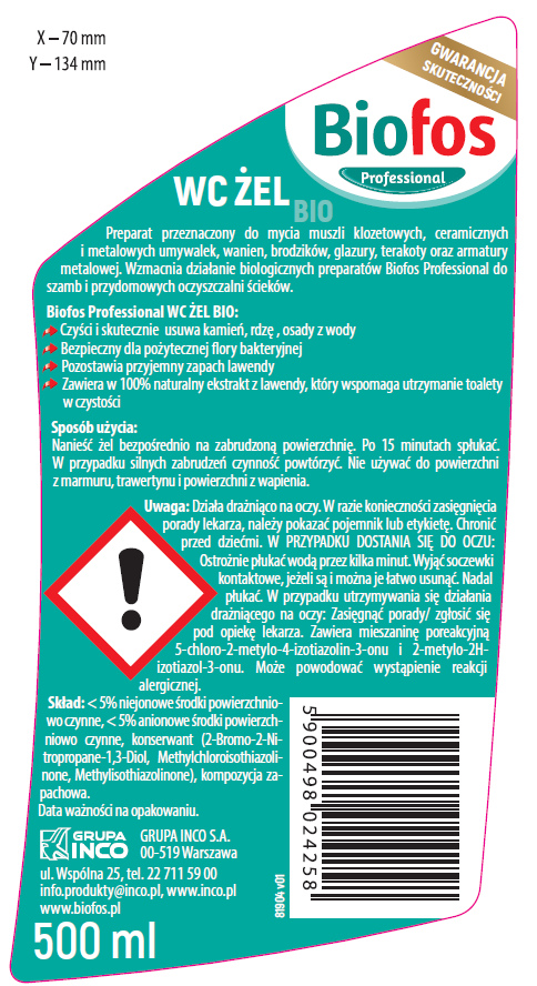 BIOFOS Professional BIO ŻEL do WC lawenda 500ml, gęsty płyn do toalet BIOFOS Professional BIO ŻEL do WC lawenda 500ml, gęsty płyn do toalet