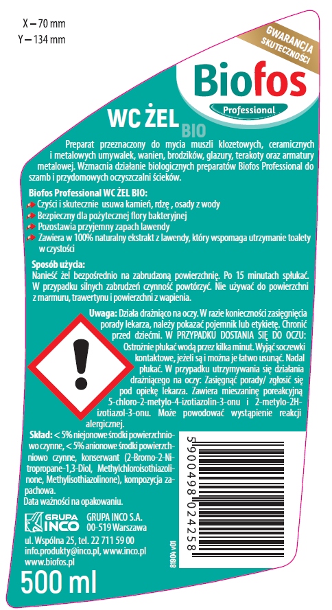 BIOFOS Professional BIO ŻEL do WC lawenda 500ml, gęsty płyn do toalet BIOFOS Professional BIO ŻEL do WC lawenda 500ml, gęsty płyn do toalet