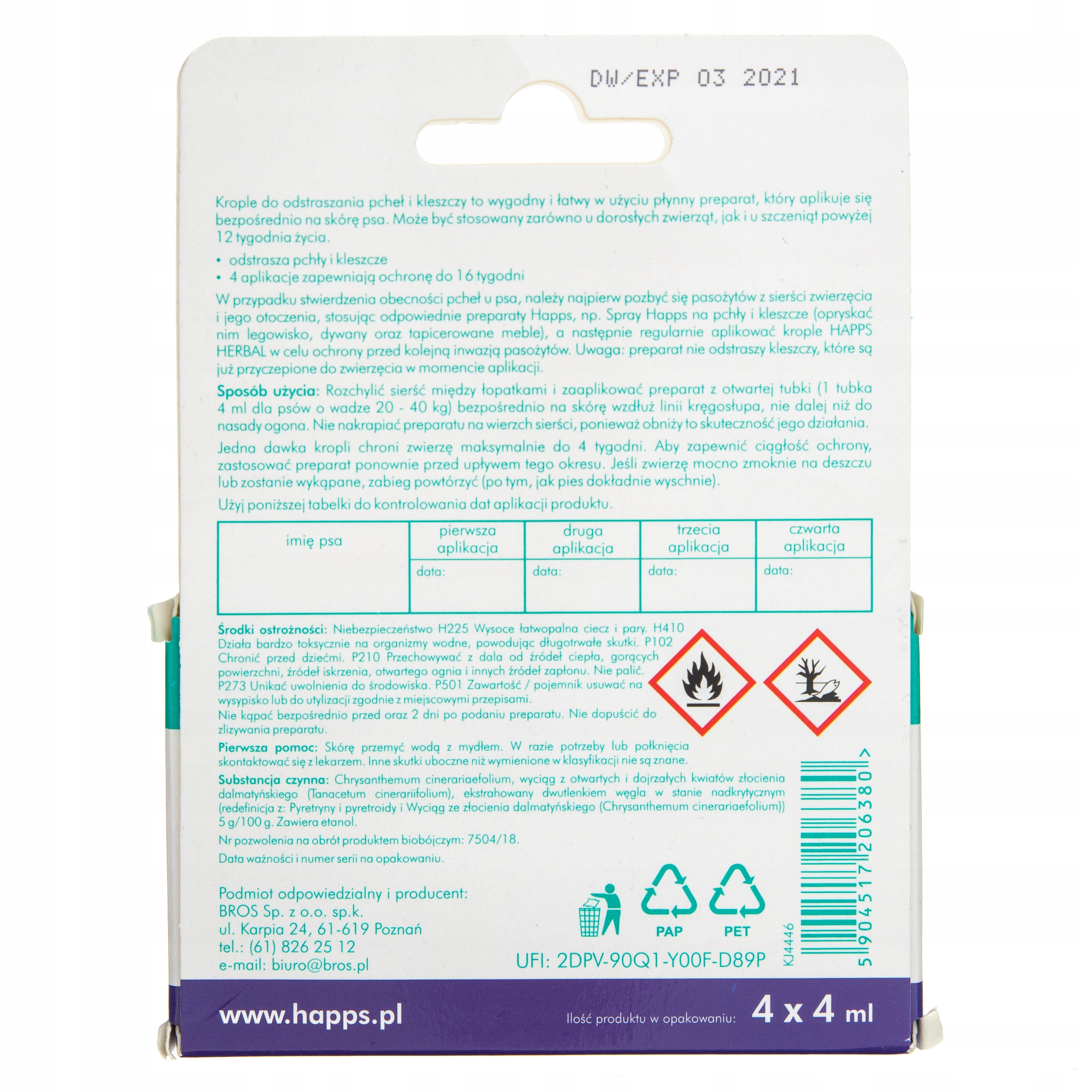 Happs krople 16ml na pchły i kleszcze psy 20-40kg zwalczanie pasożytów Bros Happs krople 16ml na pchły i kleszcze psy 20-40kg zwalczanie pasożytów Bros