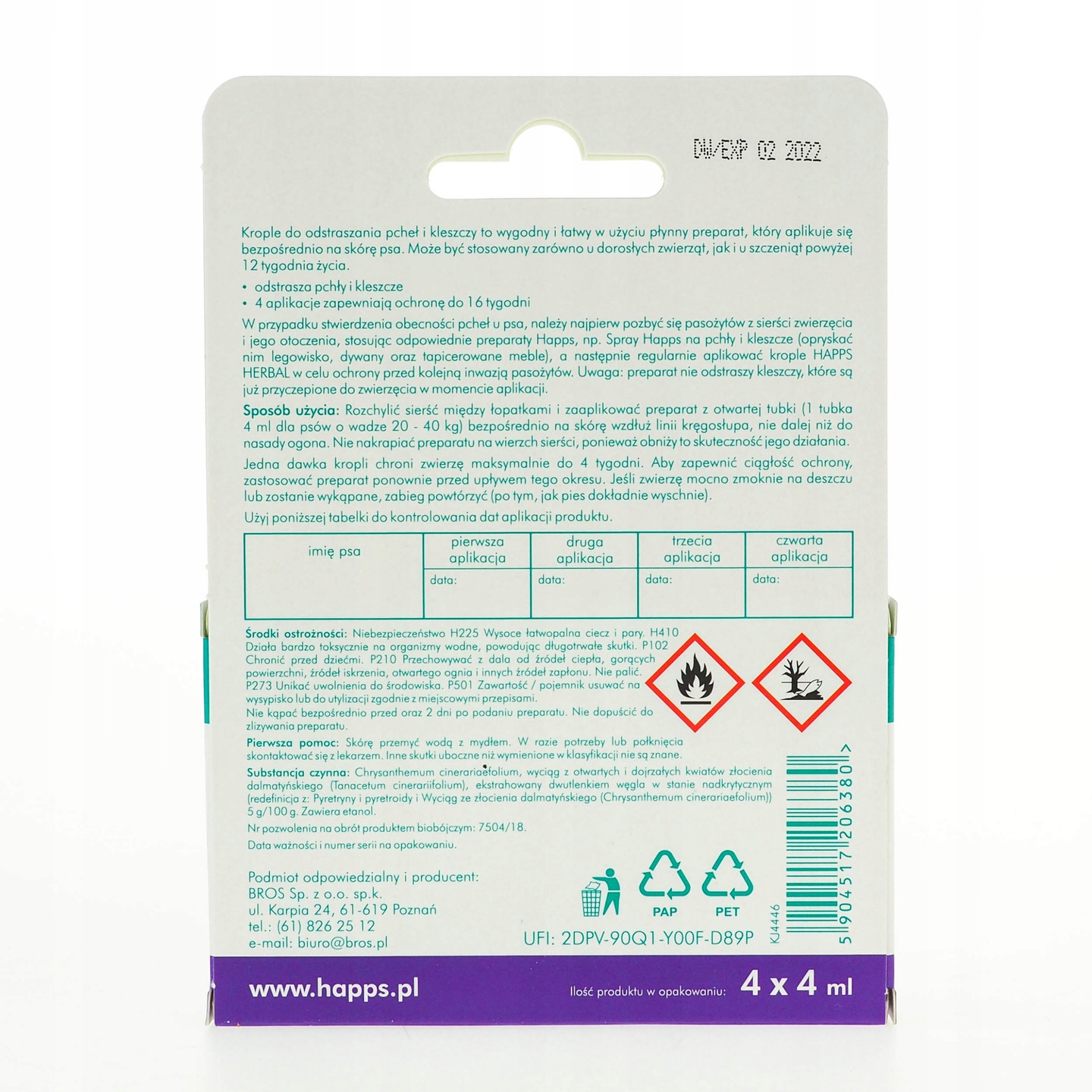 Happs krople 16ml na pchły i kleszcze psy 20-40kg zwalczanie pasożytów Bros Happs krople 16ml na pchły i kleszcze psy 20-40kg zwalczanie pasożytów Bros