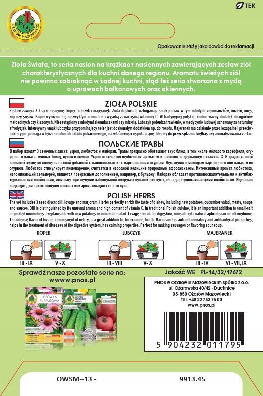 Nasiona ZIOŁA ŚWIATA- ZIOŁA POLSKIE 3 X 8 CM, 3 krążki nasienne PNOS Nasiona ZIOŁA ŚWIATA- ZIOŁA POLSKIE 3 X 8 CM, 3 krążki nasienne PNOS
