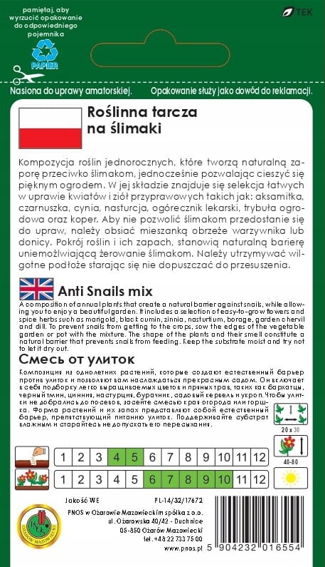 Nasiona Mieszanka roślinna, tarcza na ślimaki 2g PNOS odstraszanie ślimaków Nasiona Mieszanka roślinna, tarcza na ślimaki 2g PNOS odstraszanie ślimaków