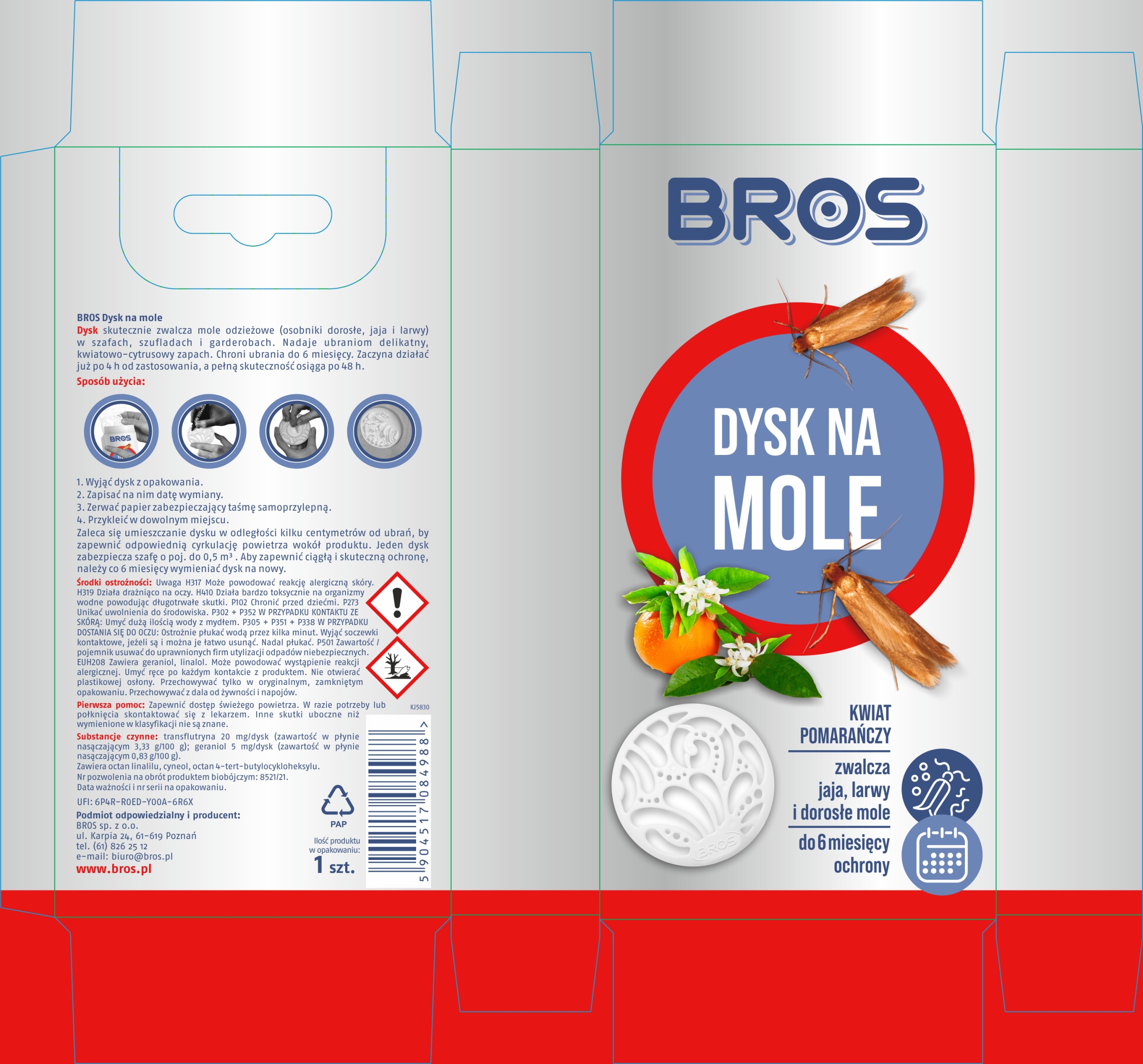 Dysk na mole Bros kwiat pomarańczy, zwalczanie moli odzieżowych Dysk na mole Bros kwiat pomarańczy, zwalczanie moli odzieżowych