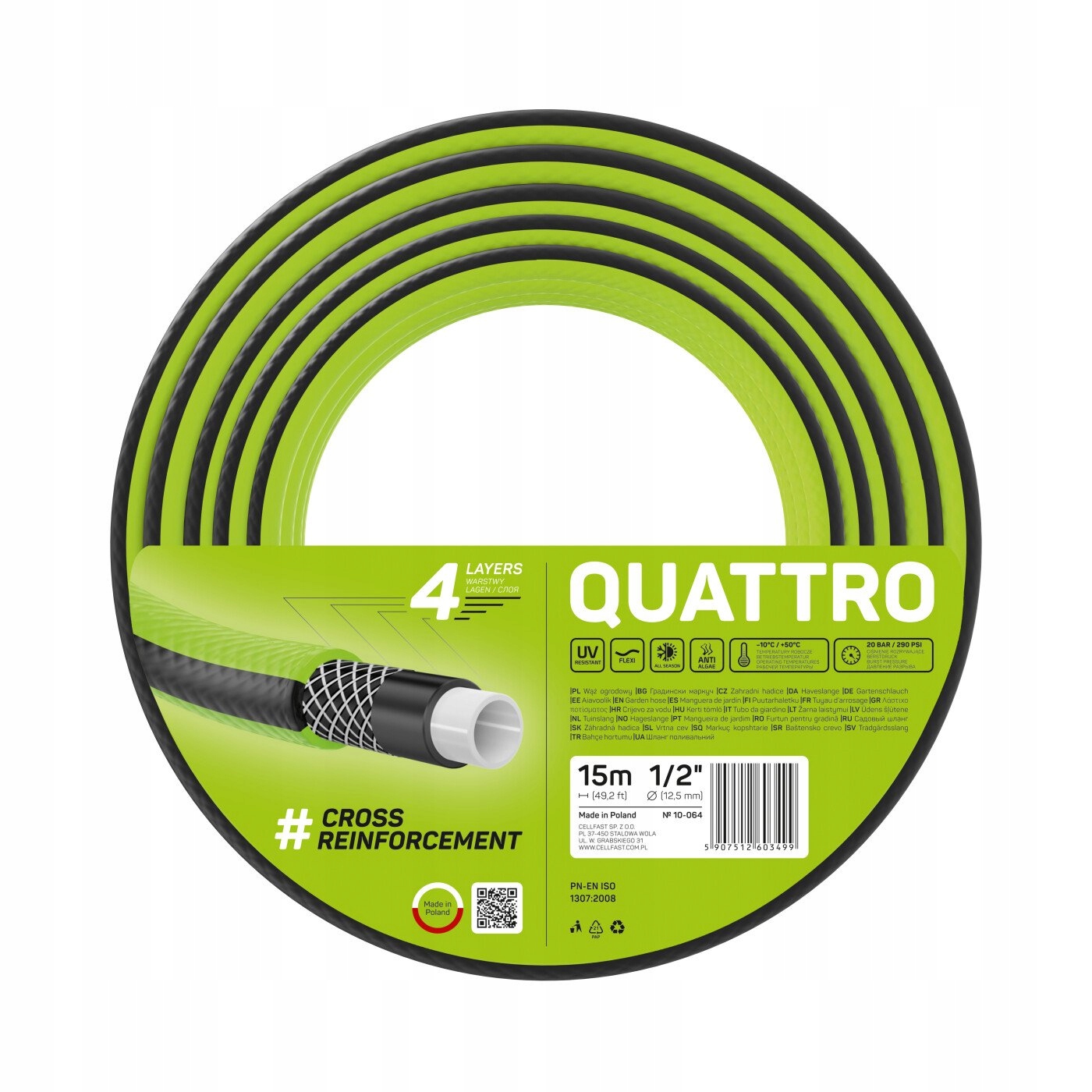 Wąż ogrodowy Cellfast Quattro 1/2" 15m 10-064 wąż 4-warstwy Wąż ogrodowy Cellfast Quattro 1/2" 15m 10-064 wąż 4-warstwy