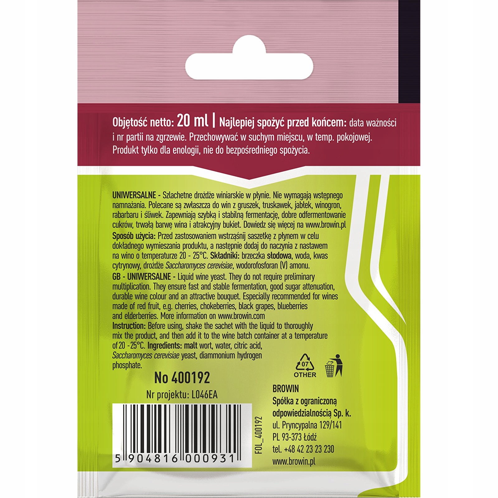 Drożdże Winiarskie Bez Namnażania 20 ml. Browin Drożdże Winiarskie Bez Namnażania 20 ml. Browin
